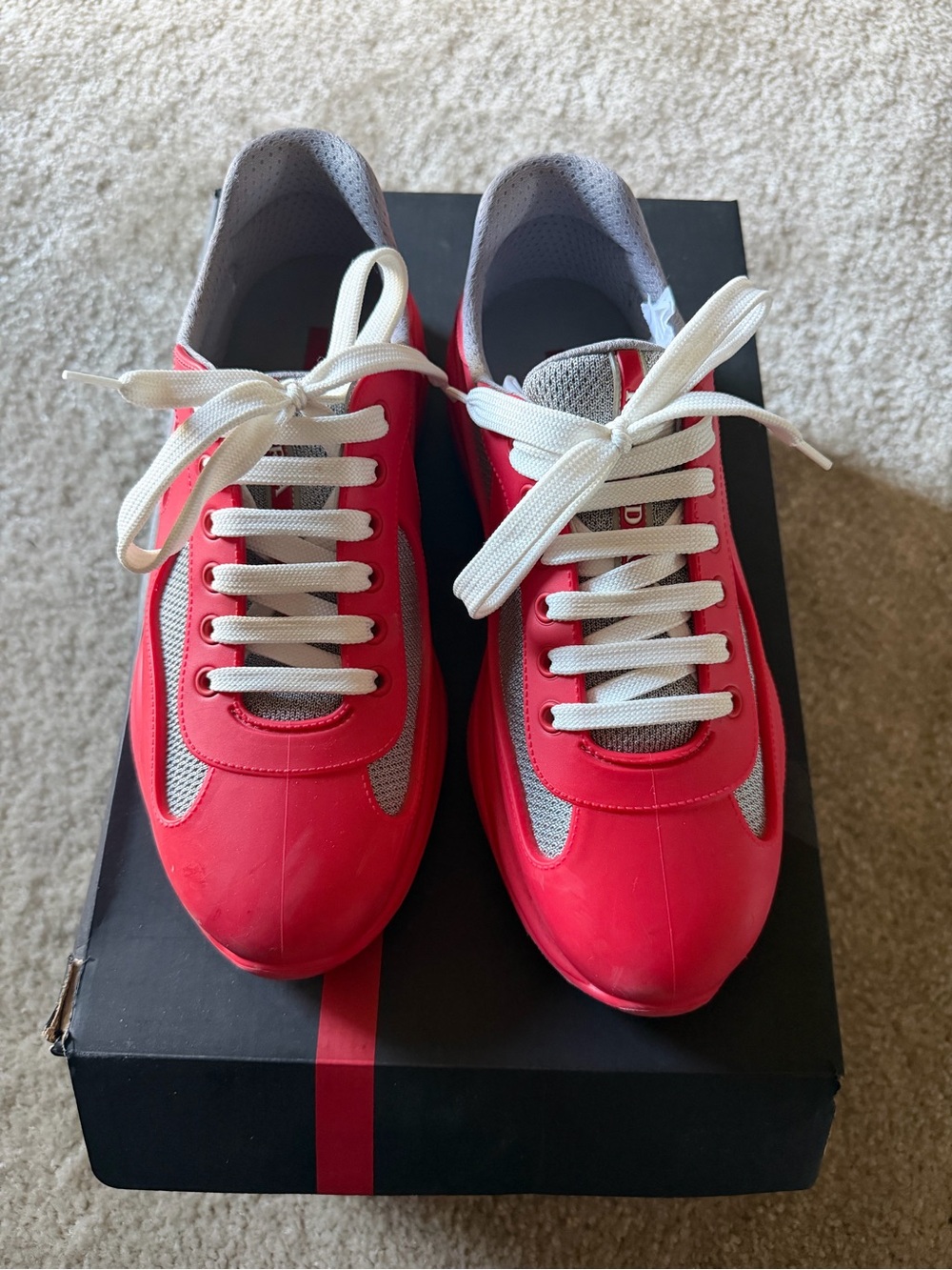 Prada Red and Gray Lace-Up Sneakers